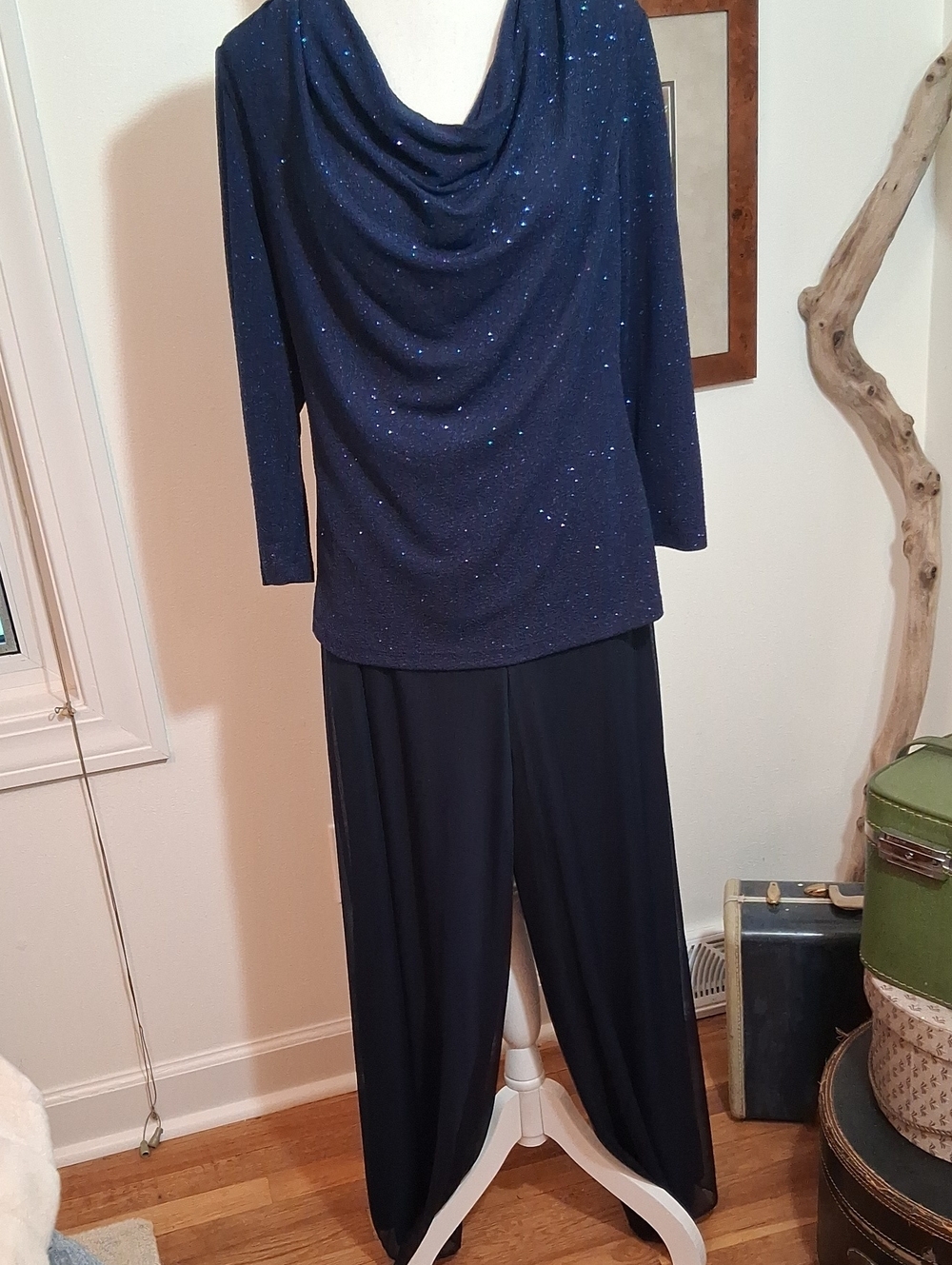 Navy Sparkle Cowl Neck Top With Wide-Leg Evening Wear Pants